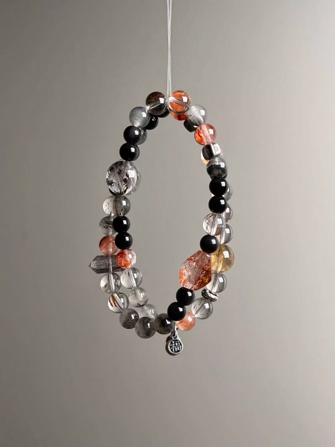 Shadow Vault — Black Rutilated Quartz, Obsidian & Hypersthene Double-Wrap with Garden/Phantom Accents & Yellow DT “Tower” (6–12 mm)