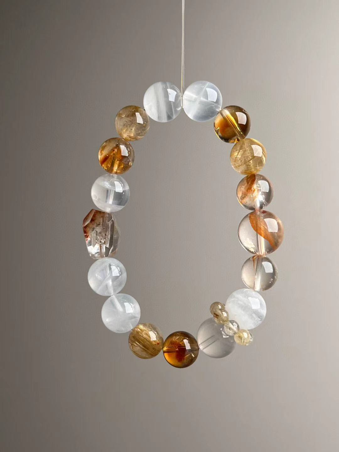 10.5–13 mm Golden Current Fortune Bracelet — Golden Rutilated Quartz, Yellow “Jelly-Flower” Quartz, White Phantom, Citrine Tower & Clear-Quartz Runner