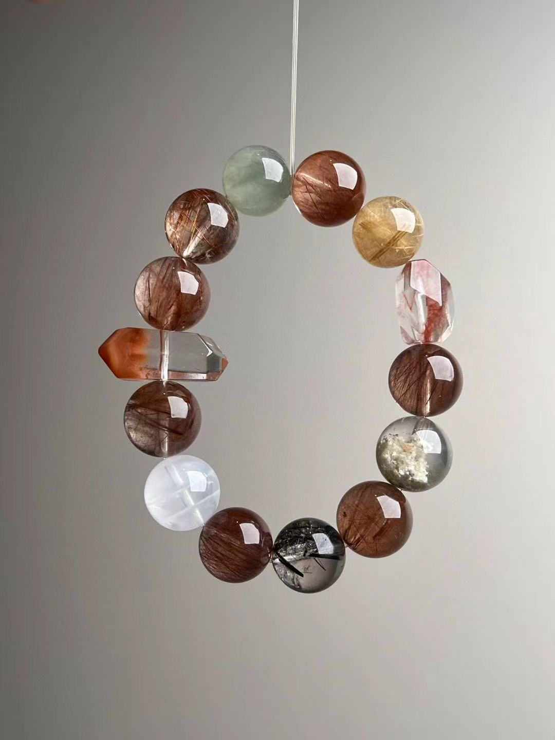 Copper Rutile Master Matrix Bracelet — Red/Green/Black Hair Quartz, Gold Rutile & White/Matcha Phantom (13.5–14.5 mm)