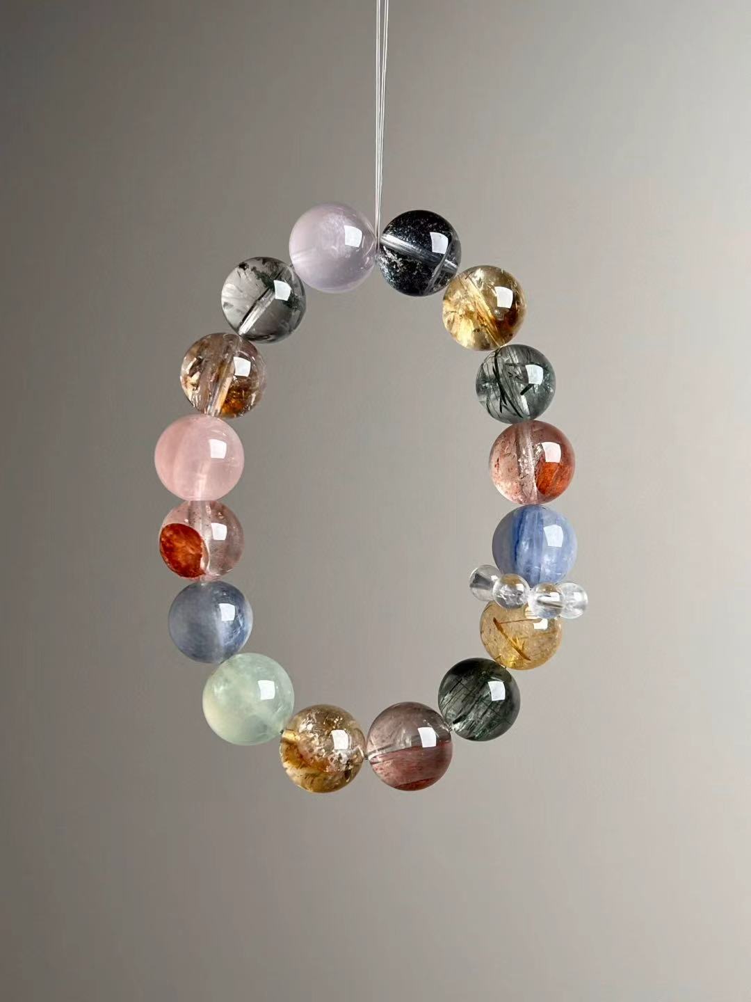 All-Elements Harmony Matrix — Starry Goldsand, Rose Quartz, Green Phantom & Rutilated Quartz (≈12.5 mm)