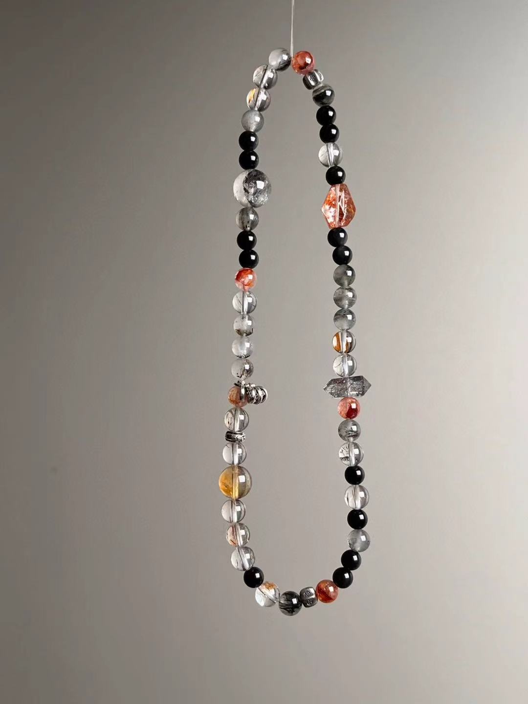 Shadow Vault — Black Rutilated Quartz, Obsidian & Hypersthene Double-Wrap with Garden/Phantom Accents & Yellow DT “Tower” (6–12 mm)