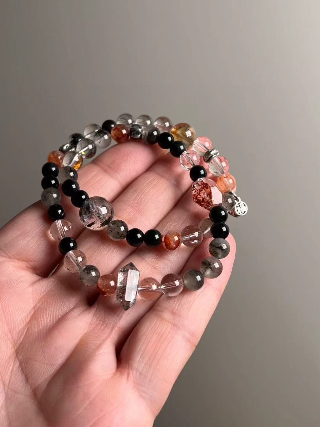 Shadow Vault — Black Rutilated Quartz, Obsidian & Hypersthene Double-Wrap with Garden/Phantom Accents & Yellow DT “Tower” (6–12 mm)