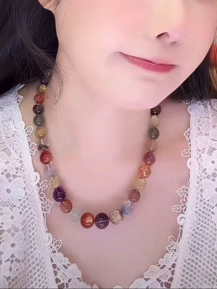 Aurora Spectrum Prosperity Necklace — Titanium Quartz • Super Seven • Multigem (9.5–11.5 mm)