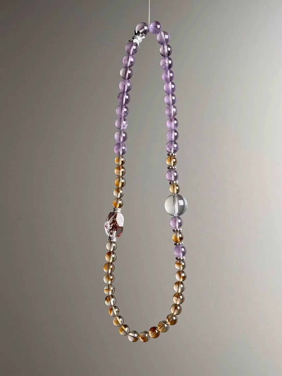 Alternate full length — amethyst-forward strand with Clear Quartz orb, citrine rounds and silver spacers.