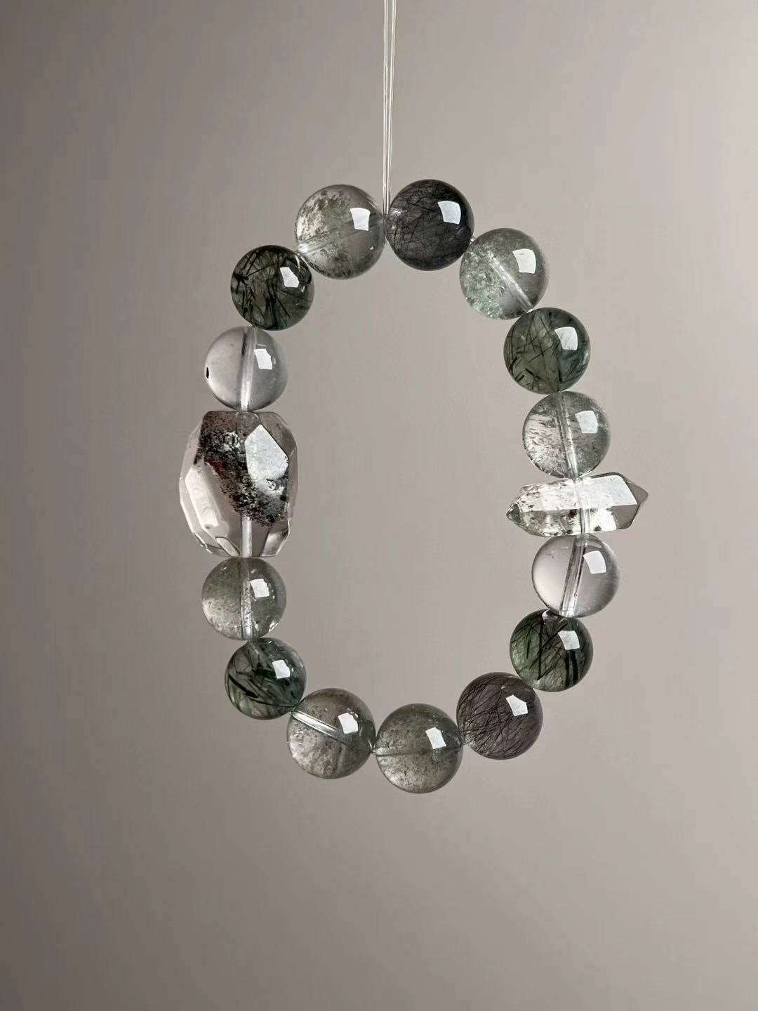 Front hero—Green Phantom beads, Black Flash Quartz focal, double-terminated quartz point; mixed dark-green and smoky tones
