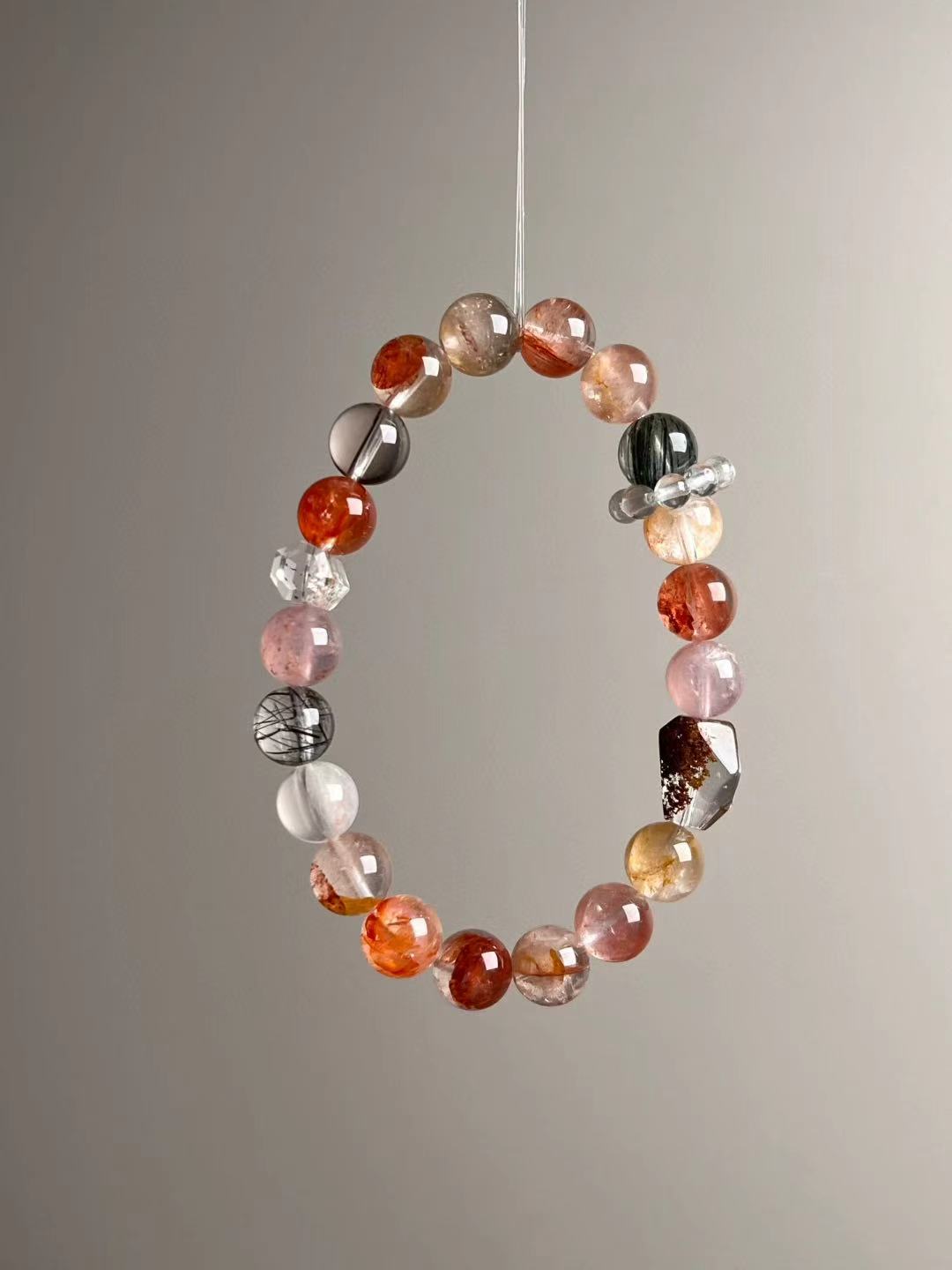 Front hero—balanced warm palette with Yellow Phantom, Rose Quartz, lucky Koi Flower resin, Black Rutilated Quartz and Clear Quartz