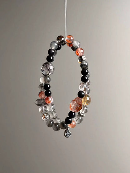 Shadow Vault — Black Rutilated Quartz, Obsidian & Hypersthene Double-Wrap with Garden/Phantom Accents & Yellow DT “Tower” (6–12 mm)
