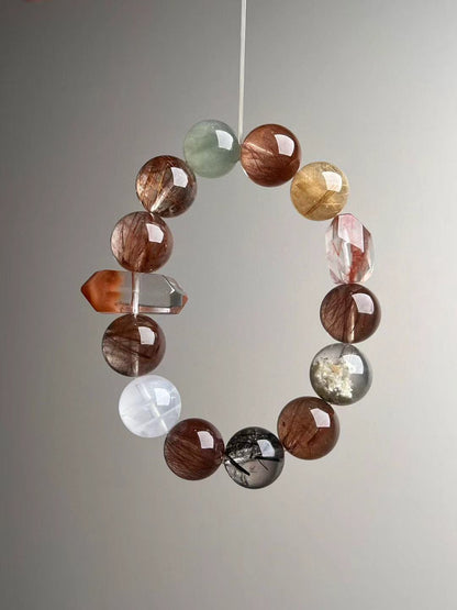 Copper Rutile Master Matrix Bracelet — Red/Green/Black Hair Quartz, Gold Rutile & White/Matcha Phantom (13.5–14.5 mm)