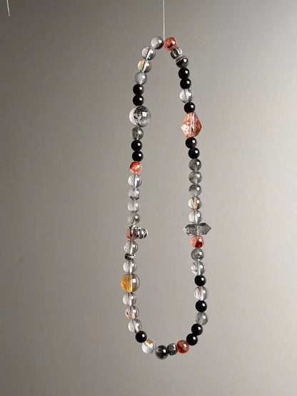 Shadow Vault — Black Rutilated Quartz, Obsidian & Hypersthene Double-Wrap with Garden/Phantom Accents & Yellow DT “Tower” (6–12 mm)