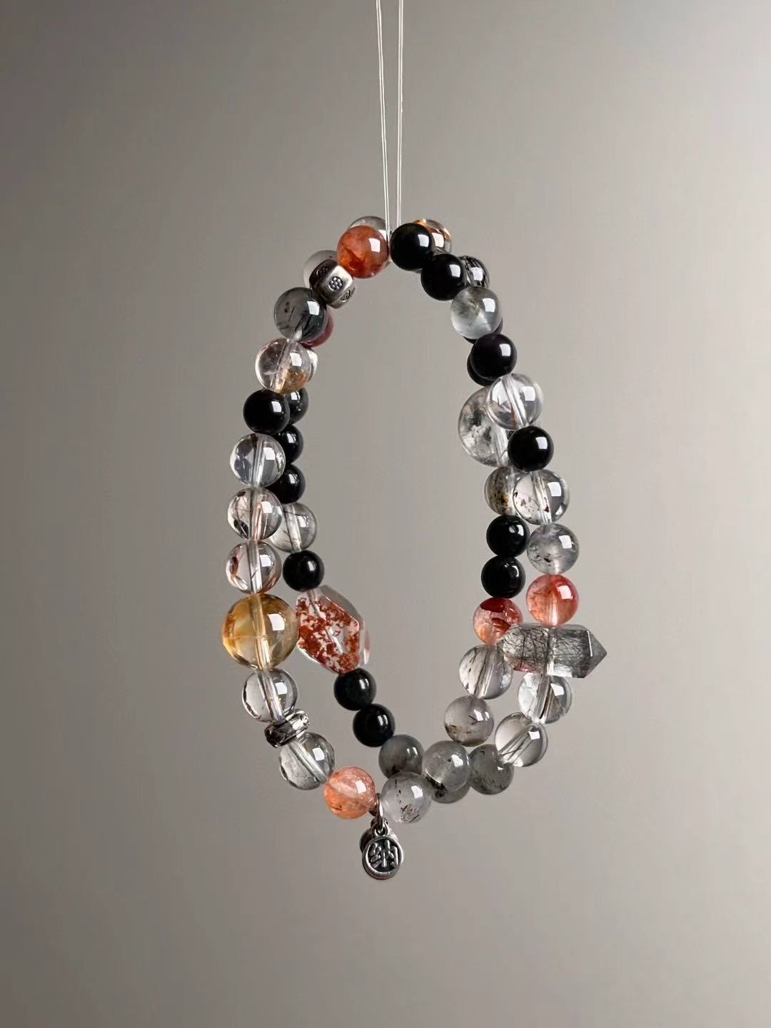 Shadow Vault — Black Rutilated Quartz, Obsidian & Hypersthene Double-Wrap with Garden/Phantom Accents & Yellow DT “Tower” (6–12 mm)