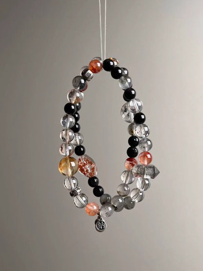 Shadow Vault — Black Rutilated Quartz, Obsidian & Hypersthene Double-Wrap with Garden/Phantom Accents & Yellow DT “Tower” (6–12 mm)