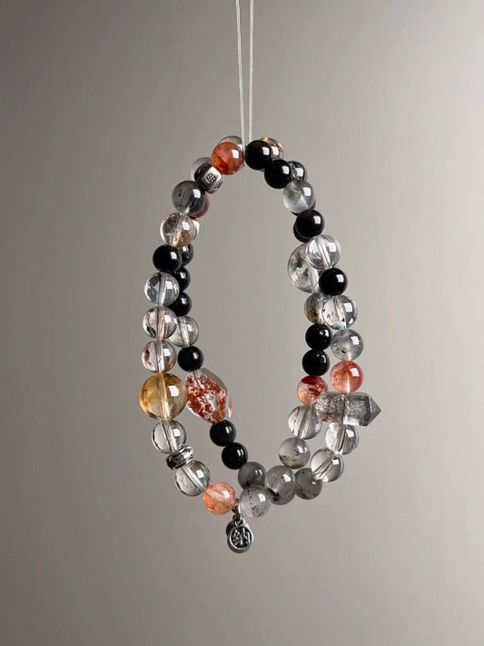 Shadow Vault — Black Rutilated Quartz, Obsidian & Hypersthene Double-Wrap with Garden/Phantom Accents & Yellow DT “Tower” (6–12 mm)