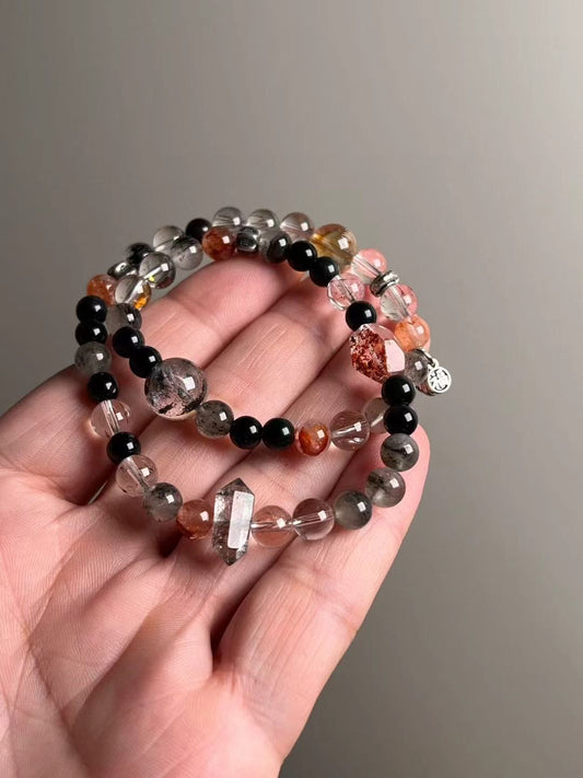 Shadow Vault — Black Rutilated Quartz, Obsidian & Hypersthene Double-Wrap with Garden/Phantom Accents & Yellow DT “Tower” (6–12 mm)