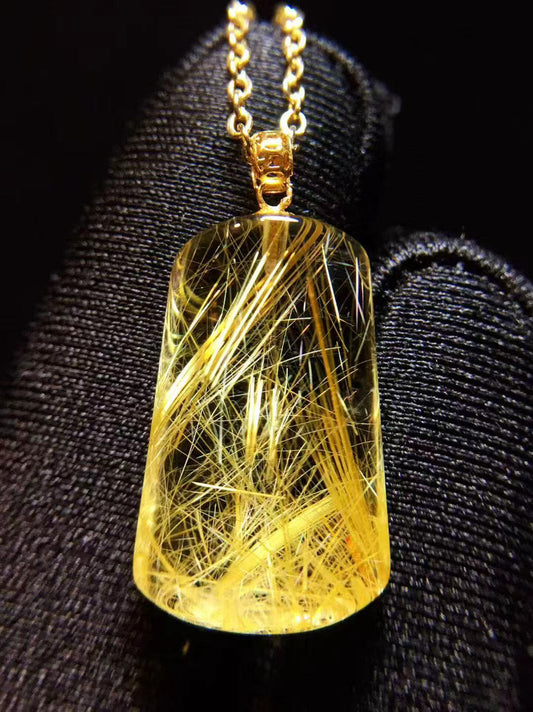 Golden Laser Talisman — 18K Gold Natural Golden Rutilated Quartz ‘Peace Plaque’ Pendant (19.3×12.1×5.6 mm, 2.4 g)
