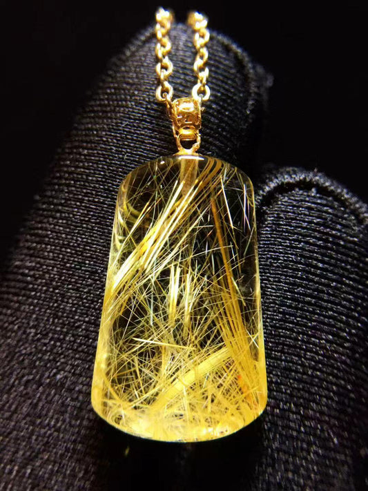 Golden Laser Talisman — 18K Gold Natural Golden Rutilated Quartz ‘Peace Plaque’ Pendant (19.3×12.1×5.6 mm, 2.4 g)