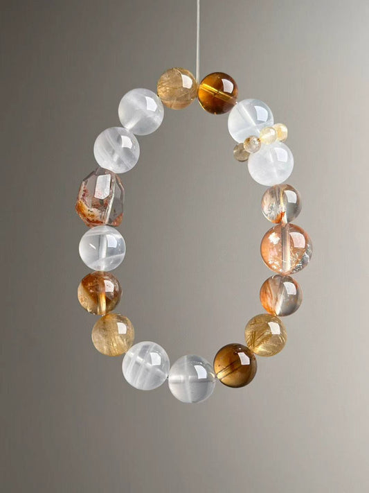 10.5–13 mm Golden Current Fortune Bracelet — Golden Rutilated Quartz, Yellow “Jelly-Flower” Quartz, White Phantom, Citrine Tower & Clear-Quartz Runner