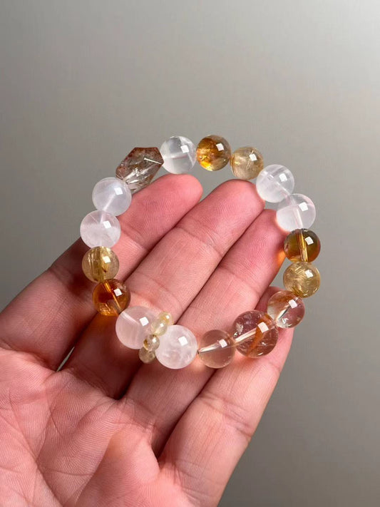 10.5–13 mm Golden Current Fortune Bracelet — Golden Rutilated Quartz, Yellow “Jelly-Flower” Quartz, White Phantom, Citrine Tower & Clear-Quartz Runner