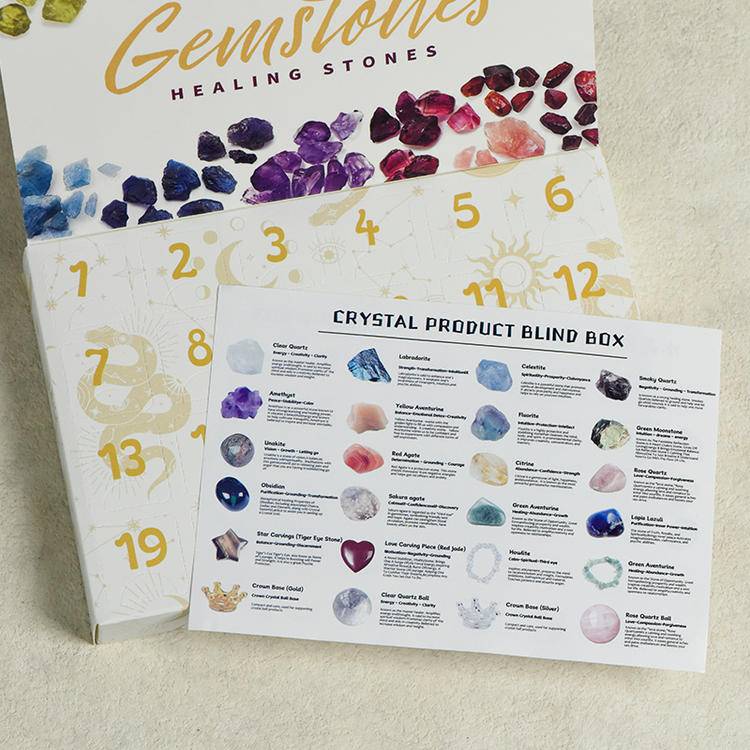 Close view of the calendar doors and printed guide—24 numbered windows for a day-by-day crystal ritual.