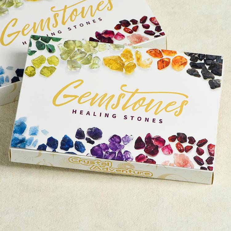 Box of Gemstones Healing Stones with colorful gemstone images on a beige background