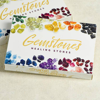 Box of Gemstones Healing Stones with colorful gemstone images on a beige background