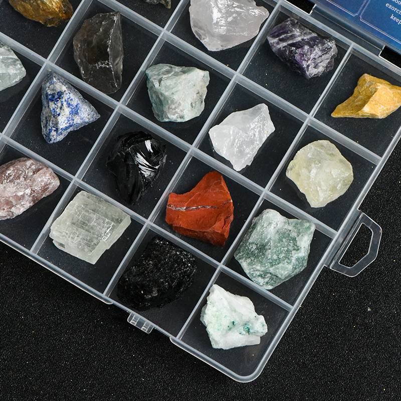 op-down view of all 24 natural rough stones arranged in grid.
