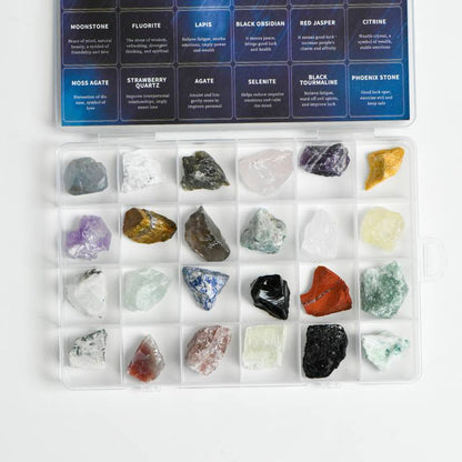 Closed “THE POWER OF STONE” case; gift-ready organizer for 24 rough crystals.