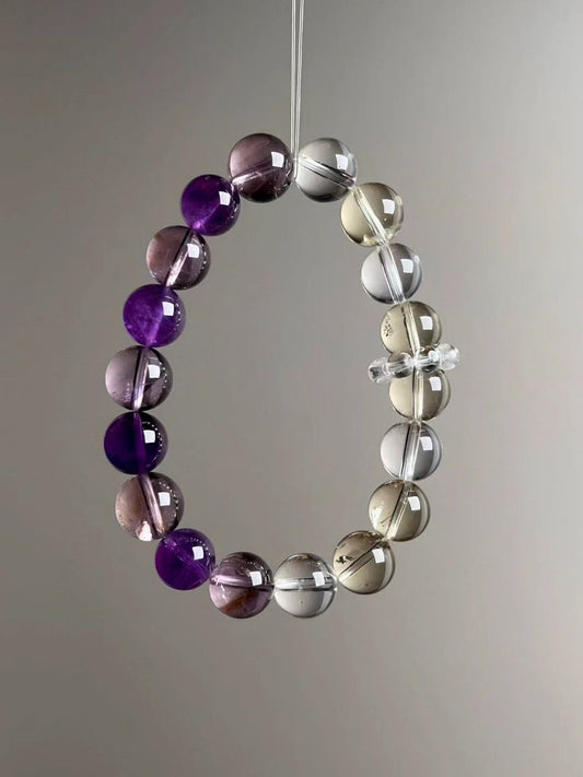 Flat lay grid — component callouts of Amethyst, Citrine and Clear Quartz trinity bracelet.