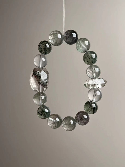 Front hero—Green Phantom beads, Black Flash Quartz focal, double-terminated quartz point; mixed dark-green and smoky tones