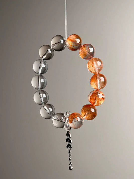 Detail—leaf charm and bead-cluster runner accent on the Fanta Garden Quartz & Clear Quartz bracelet, approx. 11–12 mm
