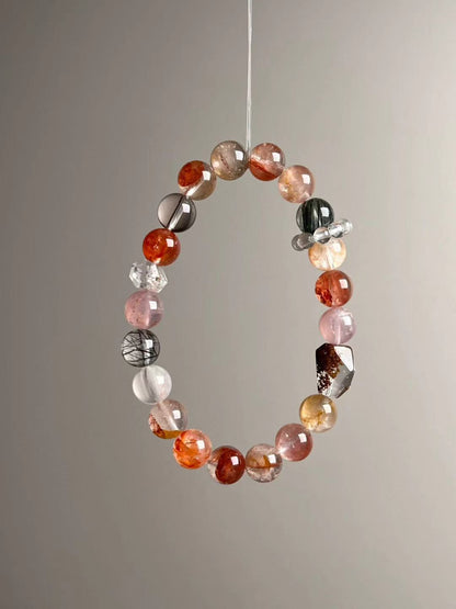 Front hero—balanced warm palette with Yellow Phantom, Rose Quartz, lucky Koi Flower resin, Black Rutilated Quartz and Clear Quartz