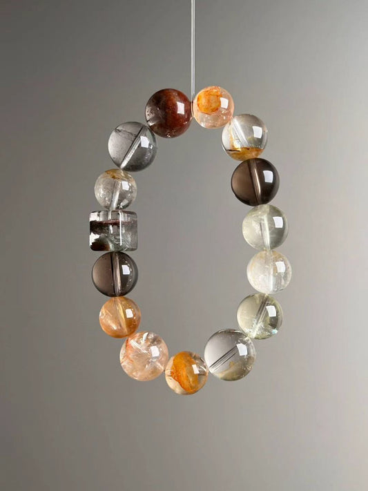 Angled hero—yellow Azeztulite glow and rounded Smoky Quartz with yellow bead-cluster spacer
