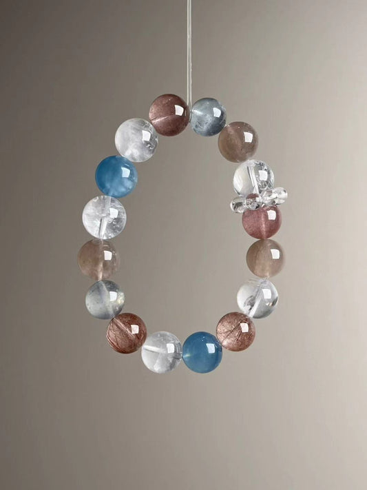 13 mm White Phantom, Aquamarine & Rutilated Quartz bracelet with clear-quartz cluster—front